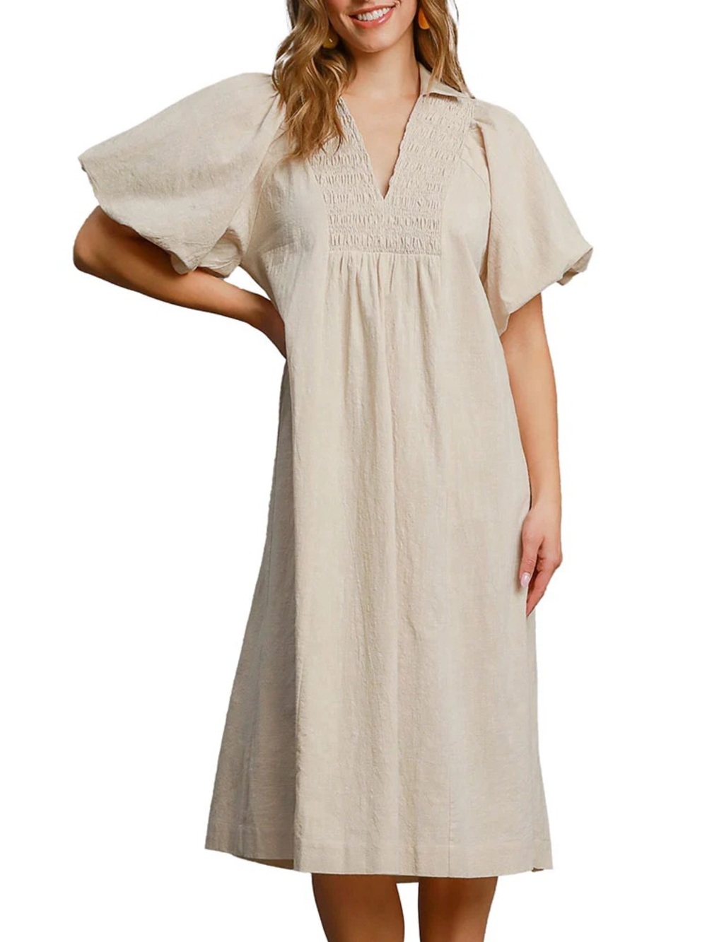 Light Beige Puff-Sleeve Midi Dress